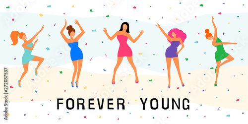 Dancing girl  card background. Happy dansing bright colored adult woman for design modern pop party invitation, birthday greeting card, fashion shop sale advertising, bag print, holiday wallpaper etc.