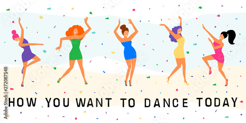 Dancing girl  card background. Happy dansing bright colored adult woman for design modern pop party invitation, birthday greeting card, fashion shop sale advertising, bag print, holiday wallpaper etc.