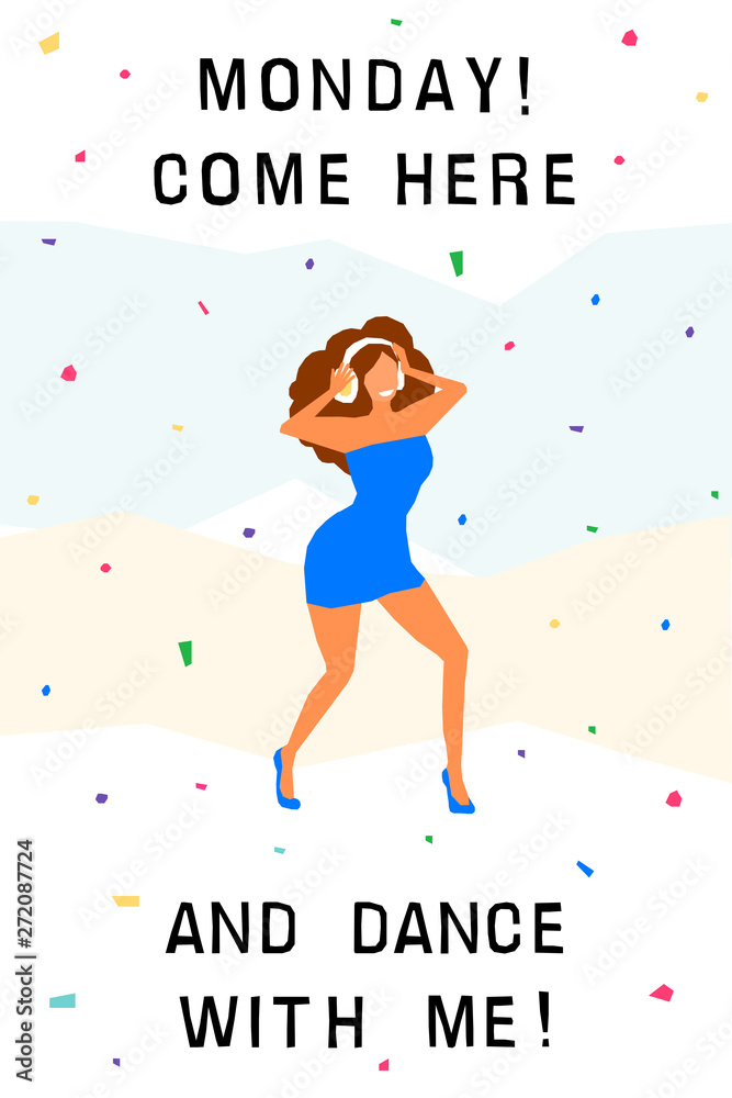 Dancing girl  card background. Happy dansing bright colored adult woman for design modern pop party invitation, birthday greeting card, fashion shop sale advertising, bag print, holiday wallpaper etc.