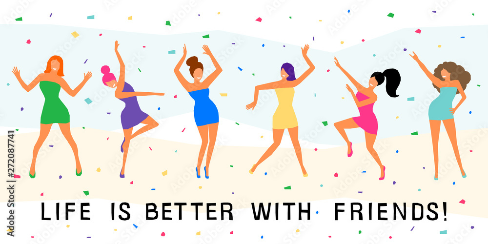 Dancing girl card background. Happy dansing bright colored adult woman for design modern pop party invitation, birthday greeting card, fashion shop sale advertising, bag print, holiday wallpaper etc. Dancing girl card background. Happy dansing bright colored adult woman for design modern pop party invitation, birthday greeting card, fashion shop sale advertising, bag print, holiday wallpaper etc.