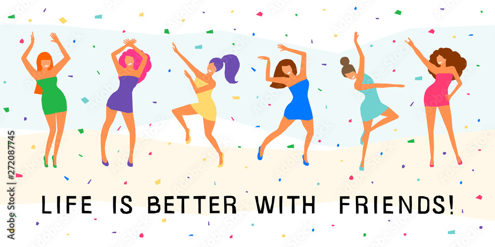 Dancing girl card background. Happy dansing bright colored adult woman for design modern pop party invitation, birthday greeting card, fashion shop sale advertising, bag print, holiday wallpaper etc. Dancing girl card background. Happy dansing bright colored adult woman for design modern pop party invitation, birthday greeting card, fashion shop sale advertising, bag print, holiday wallpaper etc.