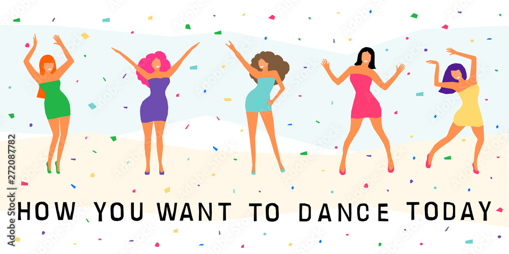 Dancing girl card background. Happy dansing bright colored adult woman for design modern pop party invitation, birthday greeting card, fashion shop sale advertising, bag print, holiday wallpaper etc. Dancing girl card background. Happy dansing bright colored adult woman for design modern pop party invitation, birthday greeting card, fashion shop sale advertising, bag print, holiday wallpaper etc.