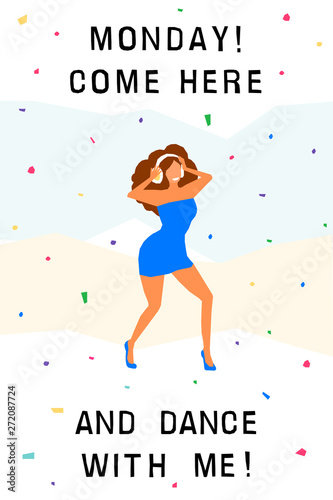 Dancing girl card background. Happy dansing bright colored adult woman for design modern pop party invitation, birthday greeting card, fashion shop sale advertising, bag print, holiday wallpaper etc.