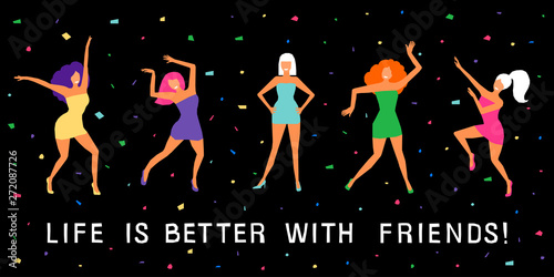 Dancing girl  card background. Happy dansing bright colored adult woman for design modern pop party invitation, birthday greeting card, fashion shop sale advertising, bag print, holiday wallpaper etc.