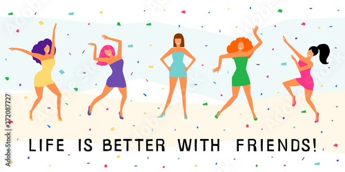 Dancing girl  card background. Happy dansing bright colored adult woman for design modern pop party invitation, birthday greeting card, fashion shop sale advertising, bag print, holiday wallpaper etc.