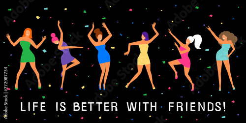 Dancing girl  card background. Happy dansing bright colored adult woman for design modern pop party invitation, birthday greeting card, fashion shop sale advertising, bag print, holiday wallpaper etc.