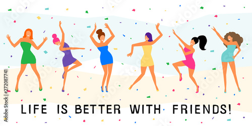 Dancing girl  card background. Happy dansing bright colored adult woman for design modern pop party invitation, birthday greeting card, fashion shop sale advertising, bag print, holiday wallpaper etc.