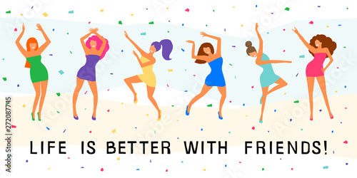 Dancing girl  card background. Happy dansing bright colored adult woman for design modern pop party invitation, birthday greeting card, fashion shop sale advertising, bag print, holiday wallpaper etc.