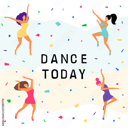 Dancing girl  card background. Happy dansing bright colored adult woman for design modern pop party invitation, birthday greeting card, fashion shop sale advertising, bag print, holiday wallpaper etc.