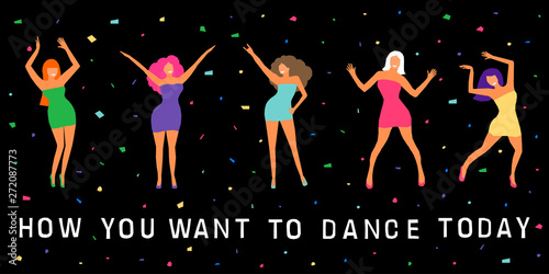 Dancing girl  card background. Happy dansing bright colored adult woman for design modern pop party invitation, birthday greeting card, fashion shop sale advertising, bag print, holiday wallpaper etc.