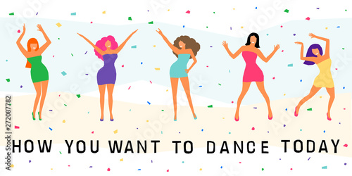 Dancing girl  card background. Happy dansing bright colored adult woman for design modern pop party invitation, birthday greeting card, fashion shop sale advertising, bag print, holiday wallpaper etc.