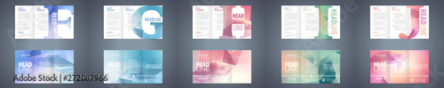 Vector modern tri-fold brochure design template set with colorful polygonal background and letter design element. Best corporate style layout 