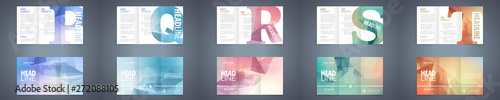Vector modern tri-fold brochure design template set with colorful polygonal background and letter design element. Best corporate style layout 