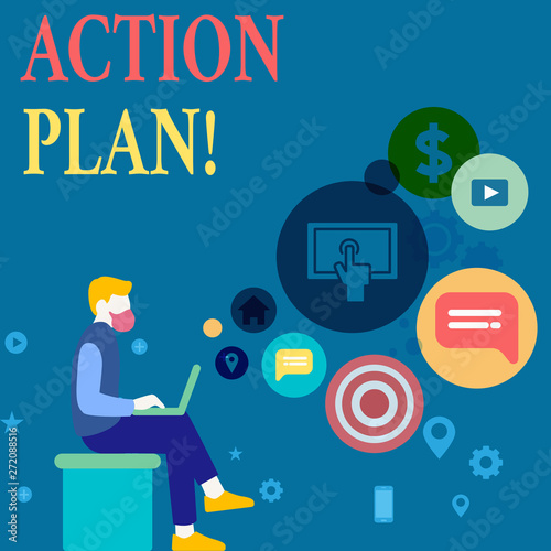 Writing note showing Action Plan. Business concept for proposed strategy or course of actions for certain time Man Sitting with Laptop and SEO Driver Icons on Blank Space