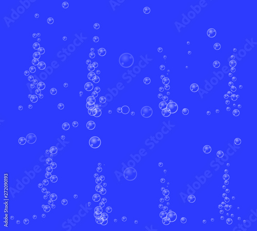 Realistic underwater white fizzing air bubbles flow isolated on blue background. Effervescent drink. Fizzy sparkles in water, aquarium, champagne, wine, ocean. Undersea oxygen or gas texture. Vector