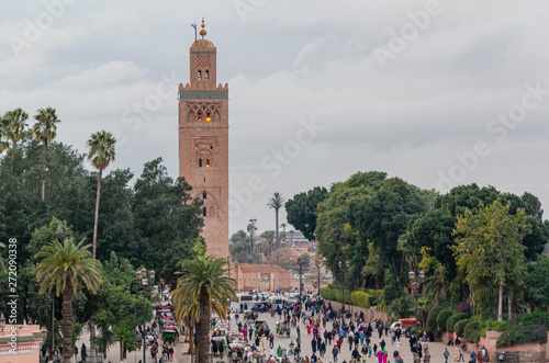 Djemaa el Fna square with its great mosque in Marrakesh. Morocco