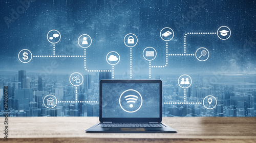 Computer laptop on wooden desk with wireless and application programming and social media icons. Internet networking and wireless technology
