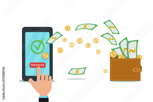 Mobile digital wallet app or online fund transfer, money withdraw concept. Flat smartphone with check mark on screen isolated on white background. Hand finger click transfer button. Cash reward