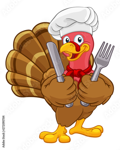 Chef Turkey Thanksgiving or Christmas bird animal cartoon character. Wearing a chefs hat and holding a knife and fork