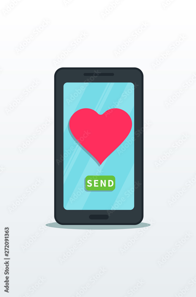 Sending love message, flat smartphone with pink heart and send button on touch screen isolated on white background. Online dating, valentine message. Graphic design element for web banner or poster Sending love message, flat smartphone with pink heart and send button on touch screen isolated on white background. Online dating, valentine message. Graphic design element for web banner or poster