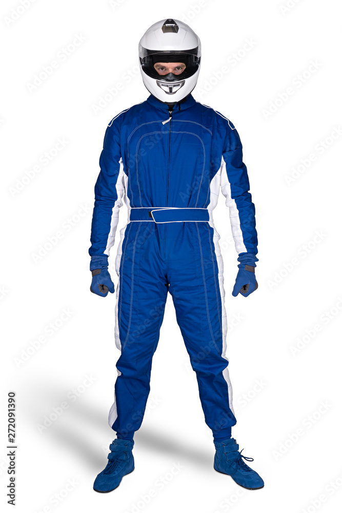 Determined race driver in blue white motorsport overall shoes gloves and integral safety crash helmet isolated white background. Car racing motorcycle sport concept. Determined race driver in blue white motorsport overall shoes gloves and integral safety crash helmet isolated white background. Car racing motorcycle sport concept.
