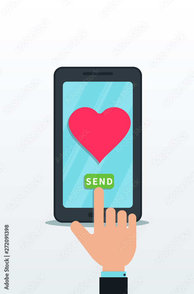 Sending love message using flat smartphone with pink heart icon on touch screen. Finger push send button. Online dating, virtual love, valentine notification. Design element for banner, poster, app Sending love message using flat smartphone with pink heart icon on touch screen. Finger push send button. Online dating, virtual love, valentine notification. Design element for banner, poster, app