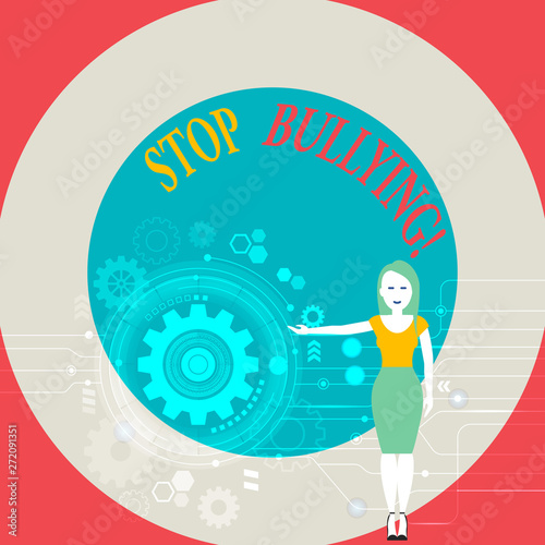 Word writing text Stop Bullying. Business photo showcasing no aggressive behavior among children power imbalance Woman Standing and Presenting the SEO Process with Cog Wheel Gear inside