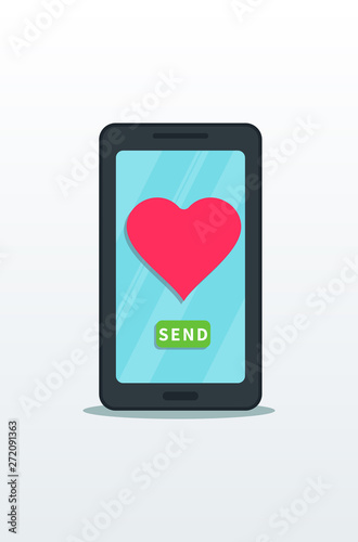 Fototapeta Naklejka Na Ścianę i Meble -  Sending love message, flat smartphone with pink heart and send button on touch screen isolated on white background. Online dating, valentine message. Graphic design element for web banner or poster