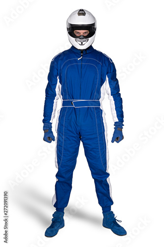 Murais de parede Determined race driver in blue white motorsport overall shoes gloves and integral safety crash helmet isolated white background