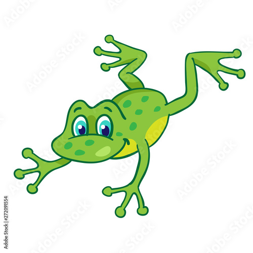 Little funny cartoon frog jumping. Isolated on a white background.