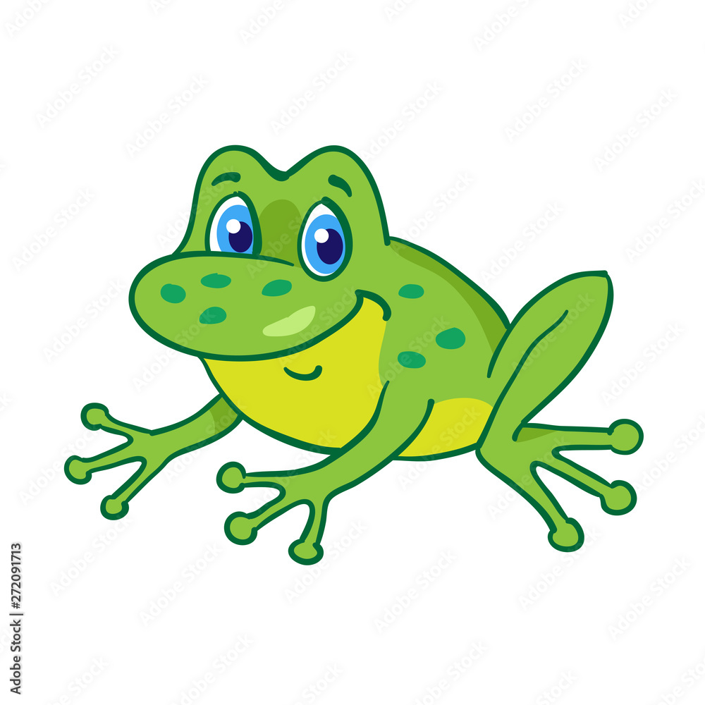 Little funny cartoon frog is sitting. Isolated on a white background
