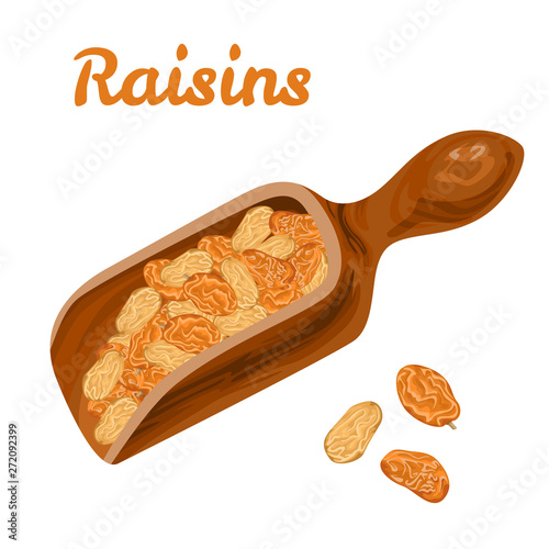 Golden raisins in wooden scoop isolated on white background. Vector illustration of dried fruit, natural sweets in cartoon flat style.