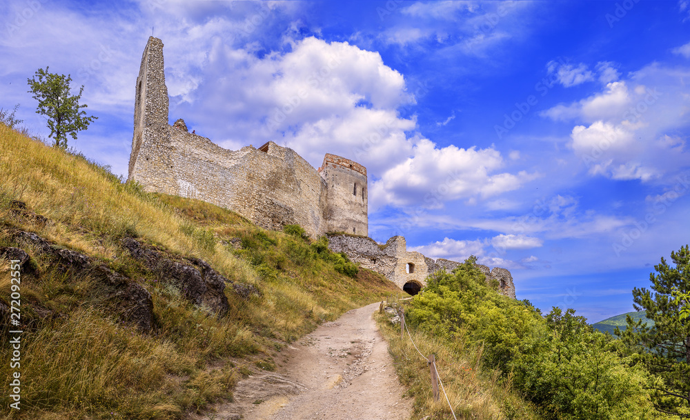 Cachticky hrad (Cachtice castle), Slovakia. Hungarian: Csejte vára. Castle ruin which stands on a hill next to the village of Čachtice, built in the mid-13th century. Castle wreck in Trencin region.