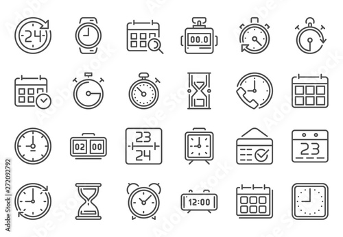 Outline time icon. Timekeeper, stopwatch and timer icons. Alarm clock, calendar and line hourglass sign vector set