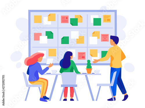 Kanban board teamwork. Briefing scheme, scrum management and business employee team planning brainstorm vector illustration