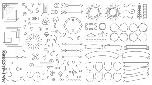 Retro line emblem elements. Vintage decorative drawing badges, old style lined dividers and frame borders lines vector set