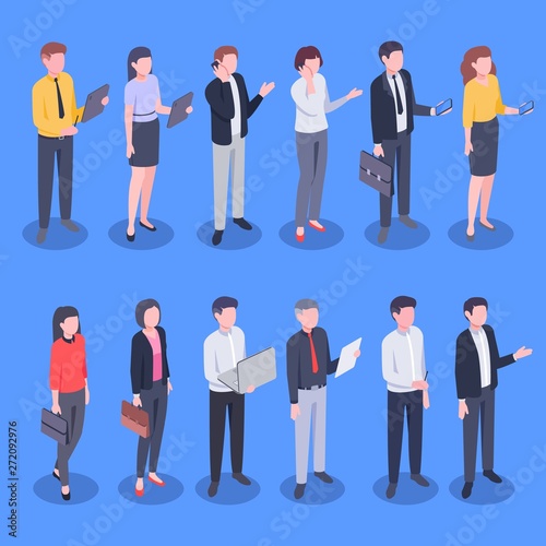 Isometric business office people. Bank employee, corporate businessman and businesswoman vector illustration set