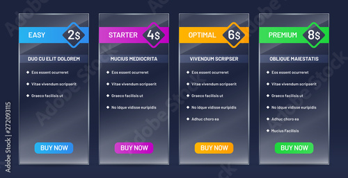 Glassy tariff plans comparison. Tariffs price list, buy banners and website pricing chart transparent glass vector set