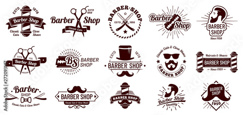 Vintage barber badges. Gentleman haircut styling, barbershop razor and shave salon. Mans hair haircuts badge vector illustration set