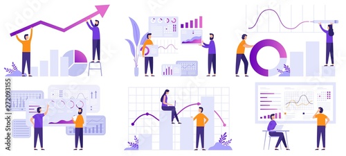 Market analytics. Finance prediction, trends forecast and business strategy analytics flat vector illustration set