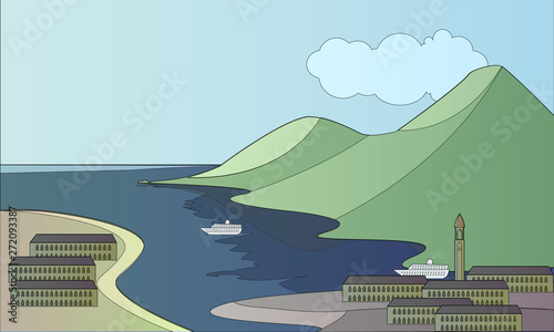 aerial view of a harbour city 