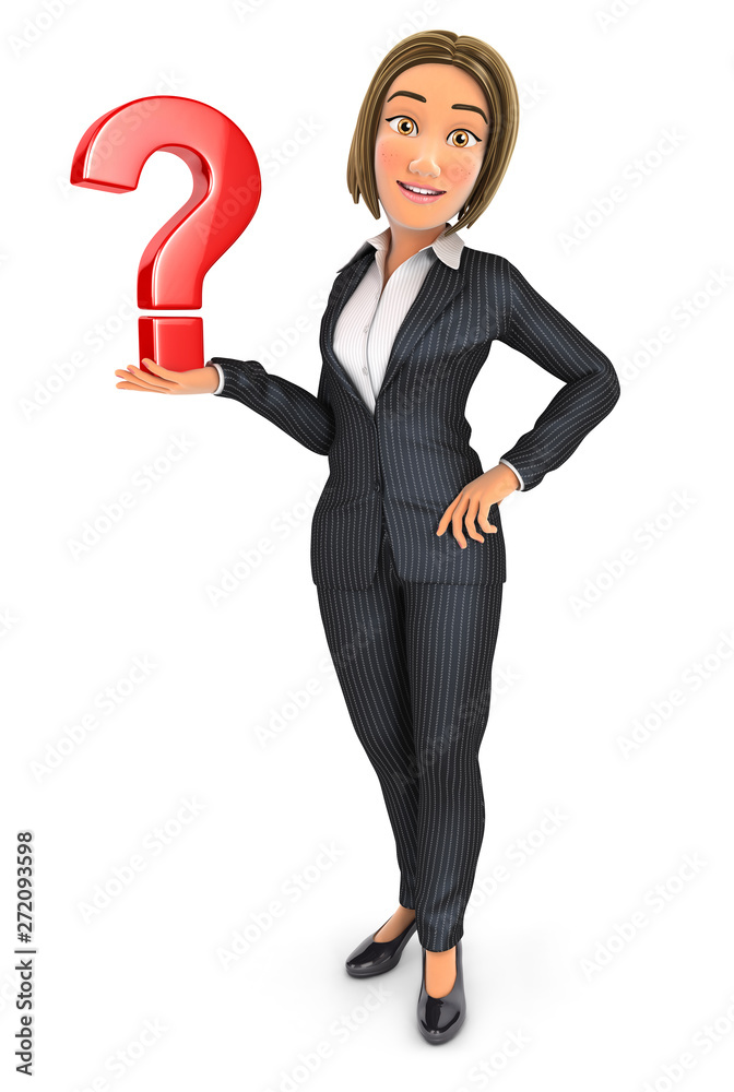 3d business woman standing with question mark
