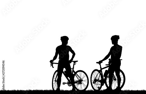 Silhouette man and bike relaxing on white background