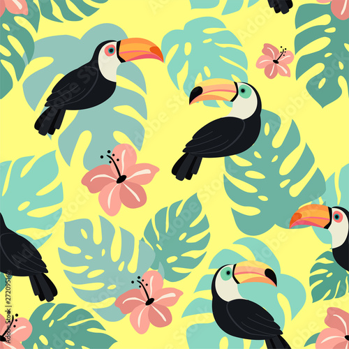 Trendy pattern with toucan and tropical leaves. Vector seamless texture.  © Tayisiya