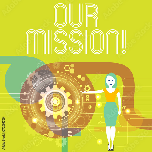 Handwriting text writing Our Mission. Conceptual photo serves as clear guide for choosing current and future goals Woman Standing and Presenting the SEO Process with Cog Wheel Gear inside