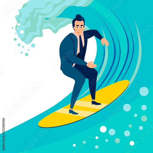 Businessman, a man catches a wave on a surf board. In minimalist style. Cartoon flat Vector