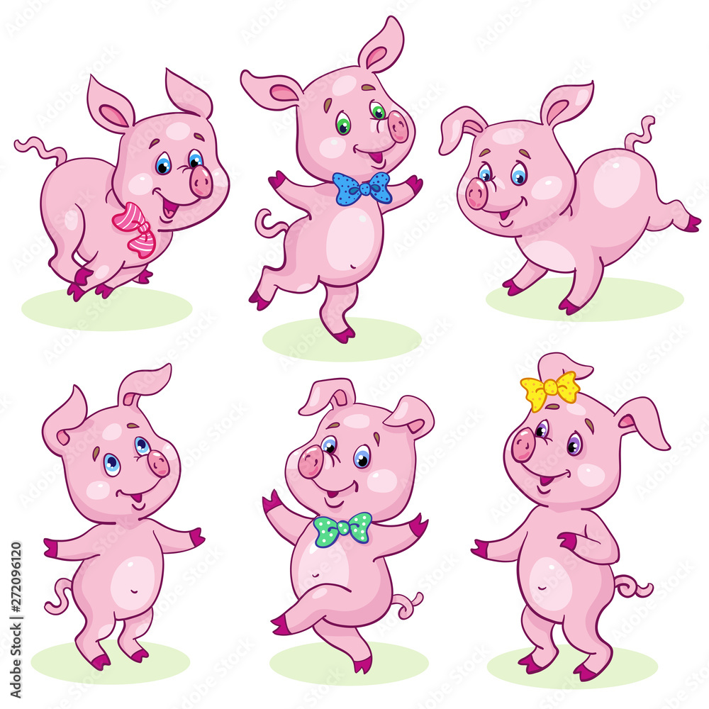 Set of six funny piglets jumping and dancing in the meadow. In cartoon style. Isolated on white background. Vector illustration