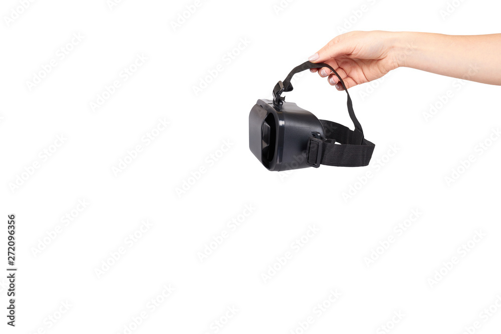 Hand with black plastic VR headset, Virtual Reality mask. Hand with black plastic VR headset, Virtual Reality mask.