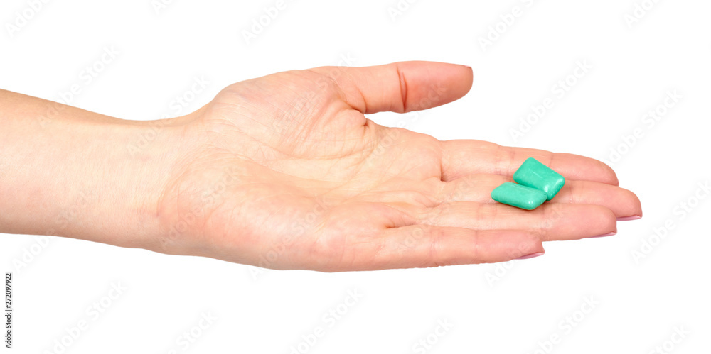 Hand with bright chewing gum, dental bubblegum. Hand with bright chewing gum, dental bubblegum.