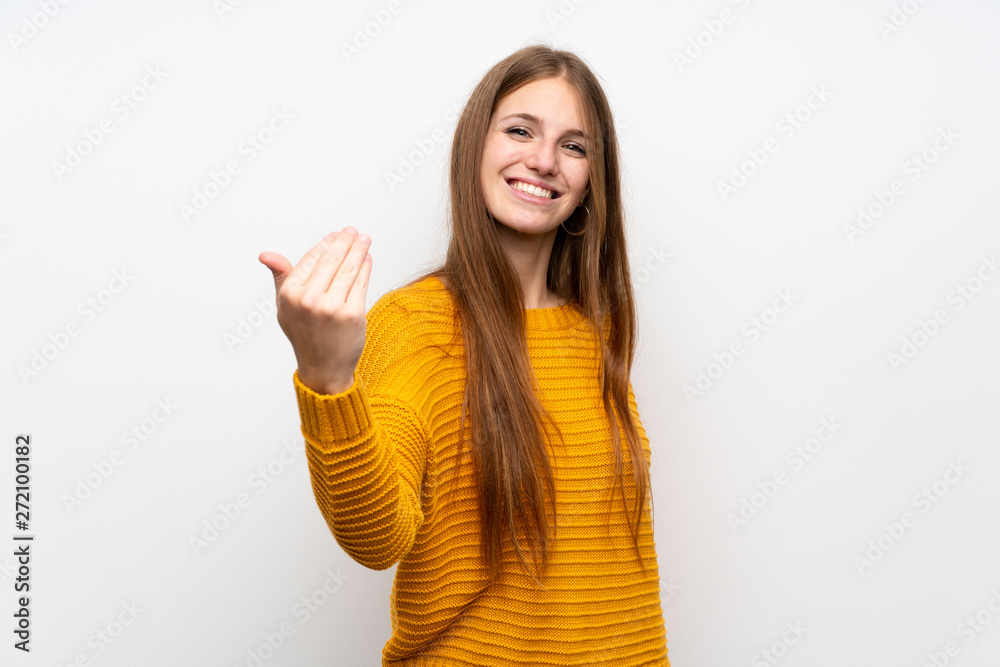 Young woman with yellow over isolated white wall inviting to come Young woman with yellow over isolated white wall inviting to come